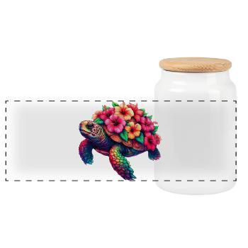 Tortue aux fleurs d’hibiscus - Boîte à biscuits avec couvercle en bois - blanc - Devant