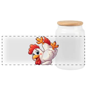 Chicken Hen Rooster Handstand Headstand Acrobatics - Panoramic Cookie Jar with Wooden Lid - white - Front