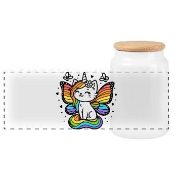 Chat licorne ailé (coloré) - Boîte à biscuits avec couvercle en bois - blanc - Devant