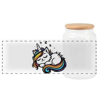 Schlafende Einhornkatze (bunt) - Panorama Keksdose mit Holzdeckel - Weiß - Vorne