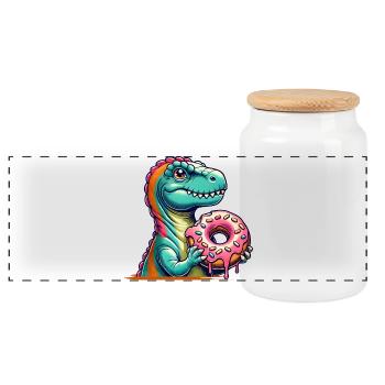 Dino-Donut-Motiv: Ein Abenteuer für Naschkatzen - Panorama Keksdose mit Holzdeckel - Weiß - Vorne