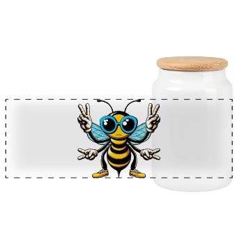 Bee with Sunglasses - Panoramic Cookie Jar with Wooden Lid - white - Front