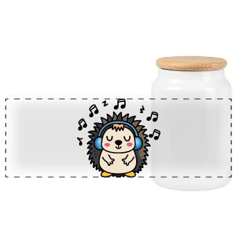 DJ Jeżyk – rhythmic vibration in the style of a hedgehog - Panoramic Cookie Jar with Wooden Lid - white - Front