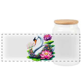 Swan decorated with lotus flowers flower - Panoramic Cookie Jar with Wooden Lid - white - Front