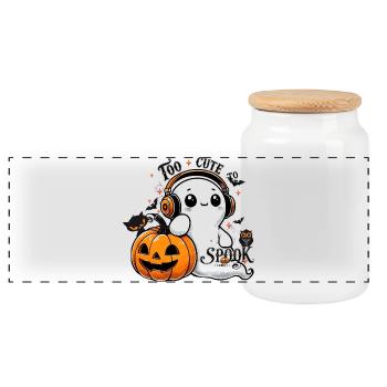 cooler Geist mit Kopfhörern und Halloween Kürbis - Panorama Keksdose mit Holzdeckel - Weiß - Vorne