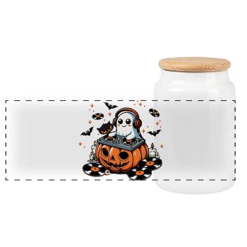 Joyeux fantôme d’Halloween en tant que DJ sur une citrouille - Boîte à biscuits avec couvercle en bois - blanc - Devant