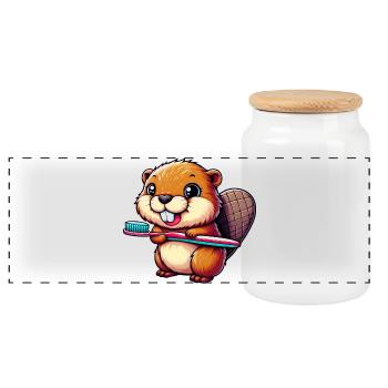 Beaver - Panoramic Cookie Jar with Wooden Lid - white - Front