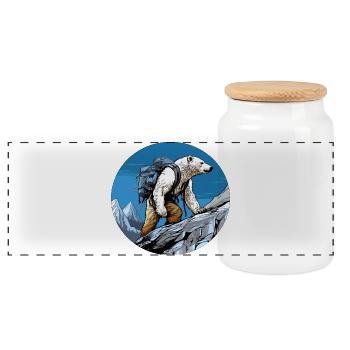 Polar Bear Hiking / Mountaineer Polar Bear - Panoramic Cookie Jar with Wooden Lid - white - Front