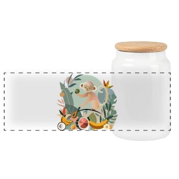 Playful monkey with tropical fruits - Panoramic Cookie Jar with Wooden Lid - white - Front