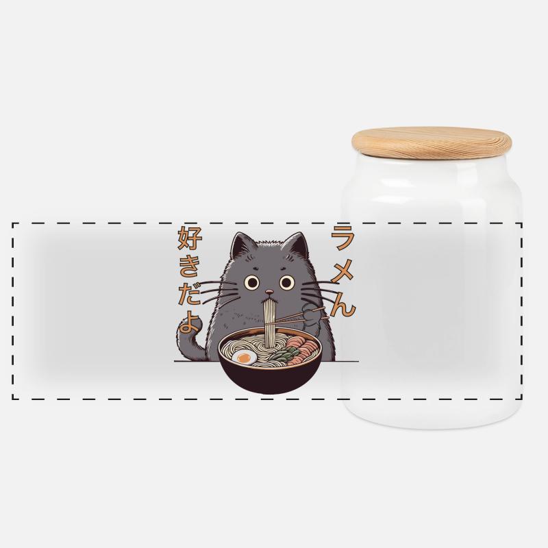 My Cat Steals My Ramen (Ramen Katze) - Panorama Keksdose mit Holzdeckel - Weiß