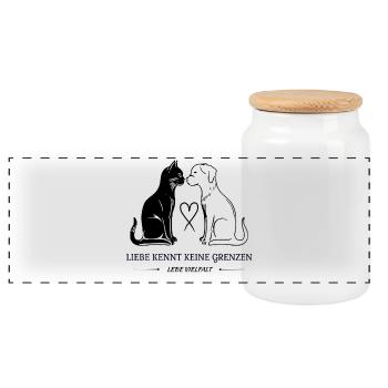 Katze & Hund: Liebe ohne Grenzen - Panorama Keksdose mit Holzdeckel - Weiß - Vorne