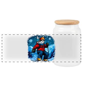 Katzen Ski - Panorama Keksdose mit Holzdeckel - Weiß - Vorne