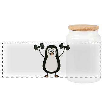 Funny Penguin with Dumbbell Fitness Workout - Panoramic Cookie Jar with Wooden Lid - white - Front
