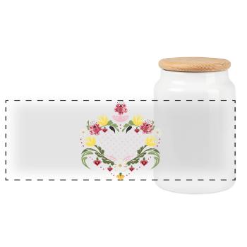 Delicate Heart with Flowers – Peasant Painting Inspired - Panoramic Cookie Jar with Wooden Lid - white - Front