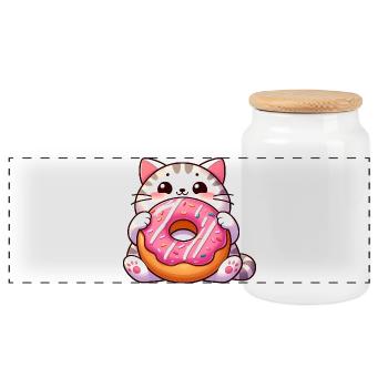Cute cat with donut dessert sweet tooth - Panoramic Cookie Jar with Wooden Lid - white - Front