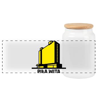Saw vous souhaite la bienvenue. La ville de Piła et le bâtiment de l’hôtel Gromada - Boîte à biscuits avec couvercle en bois - blanc - Devant