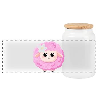 Cute Pink Sheep - Panoramic Cookie Jar with Wooden Lid - white - Front