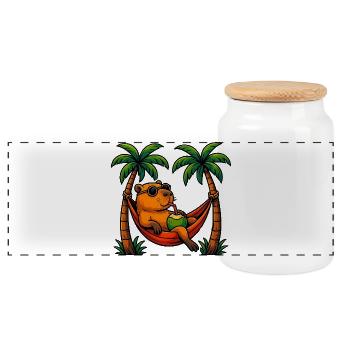 Tropical capybara Relaxing in Coconut Hammock - Panoramic Cookie Jar with Wooden Lid - white - Front