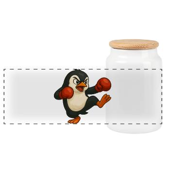 Cool Penguin Boxer Kickboxer Cartoon Martial Arts - Panoramic Cookie Jar with Wooden Lid - white - Front