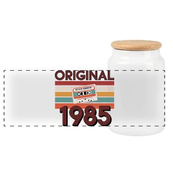 Original 1985 Vintage Birthday Retro Vintage - Panoramic Cookie Jar with Wooden Lid - white - Front