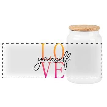 Love yourself / Selbstliebe / Liebe dich selbst - Panoramic Cookie Jar with Wooden Lid - white - Front
