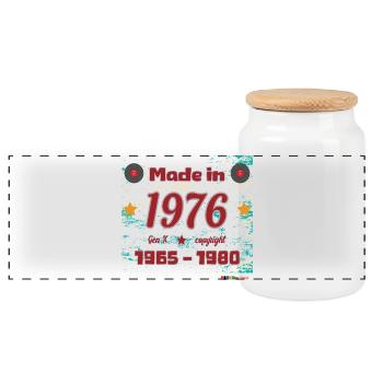 Design rétro des années 70 avec étoiles et disques - Boîte à biscuits avec couvercle en bois - blanc - Devant