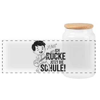 Schulkind - Yeah! Ich rocke jetzt die Schule - Panorama Keksdose mit Holzdeckel - Weiß - Vorne