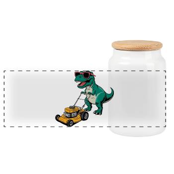 Dinosaur with Sunglasses Mowing Lawn - Panoramic Cookie Jar with Wooden Lid - white - Front