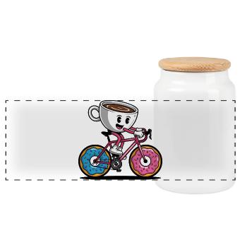 Mug with a Smile on a Donut Bike - Panoramic Cookie Jar with Wooden Lid - white - Front