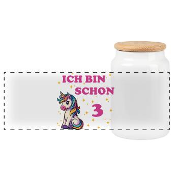 Ich bin schon 3 mit Einhorn - Panorama Keksdose mit Holzdeckel - Weiß - Vorne