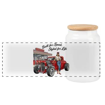 Vintage Hot Rod Girl - Panoramic Cookie Jar with Wooden Lid - white - Front