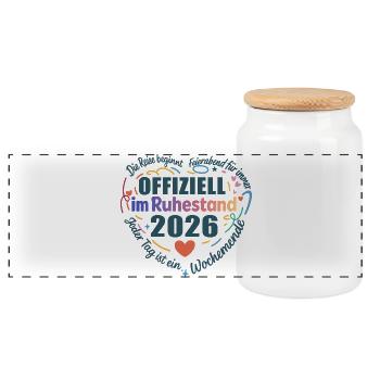 Offiziell im Ruhestand 2026 Herzdesign - Panorama Keksdose mit Holzdeckel - Weiß - Vorne