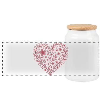 Filigree flower heart motif - Panoramic Cookie Jar with Wooden Lid - white - Front