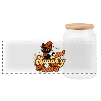 Skurriles Halloween-Katzendesign - Panorama Keksdose mit Holzdeckel - Weiß - Vorne