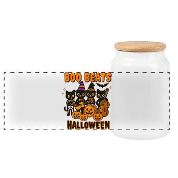 Halloween Katzenband mit Kürbissen - Panorama Keksdose mit Holzdeckel - Weiß - Vorne