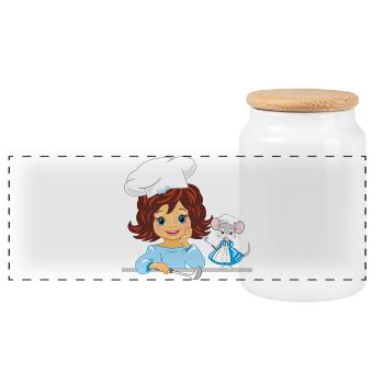 Smiling girl cook and cute chef mouse - Panoramic Cookie Jar with Wooden Lid - white - Front