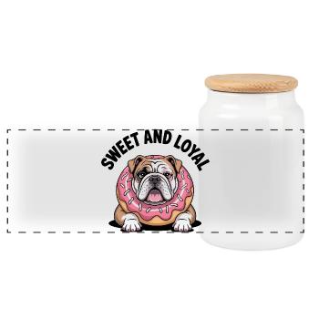 Süße und treue Bulldogge - Panorama Keksdose mit Holzdeckel - Weiß - Vorne