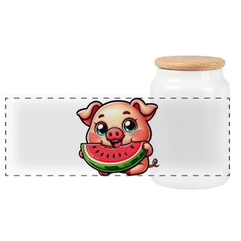 Sweet Pig with Melon Summer Vacation Farmer - Panoramic Cookie Jar with Wooden Lid - white - Front