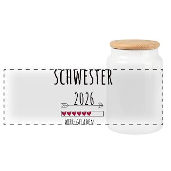 Werdende Schwester 2026 Geschenk Schwangerschaft - Panorama Keksdose mit Holzdeckel - Weiß - Vorne