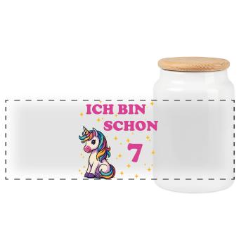 Children's Birthday 7, Dancing Funny Unicorn - Panoramic Cookie Jar with Wooden Lid - white - Front