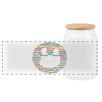 Beginnen Sie mit Positiv Hallo Verschiedene Weltsprache - Panorama Keksdose mit Holzdeckel - Weiß - Vorne