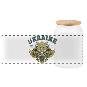 Ukrainisches Adlerwappen mit Sonnenblumen - Panorama Keksdose mit Holzdeckel - Weiß - Vorne