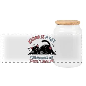 Karma ist eine Katze – Peaceful Cat Design - Panorama Keksdose mit Holzdeckel - Weiß - Vorne