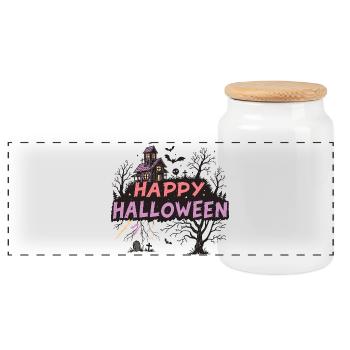 Happy Halloween Maison Hantée Pastel - Boîte à biscuits avec couvercle en bois - blanc - Devant