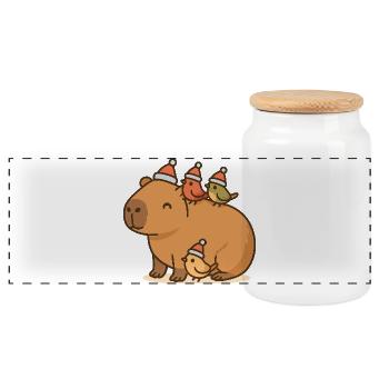 ✨ Capybara with Christmas Birds – Sweet & Peaceful - Panoramic Cookie Jar with Wooden Lid - white - Front