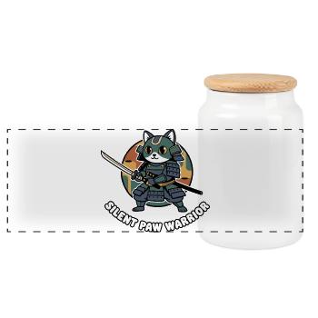 Silent Paws Samouraï Guerrier Chat - Boîte à biscuits avec couvercle en bois - blanc - Devant