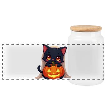 Halloween Cat with Halloween Pumpkin - Panoramic Cookie Jar with Wooden Lid - white - Front