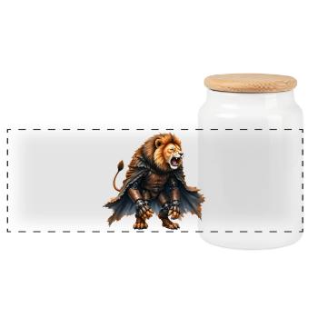 Lion Warrior with Armor and Cape - Panoramic Cookie Jar with Wooden Lid - white - Front