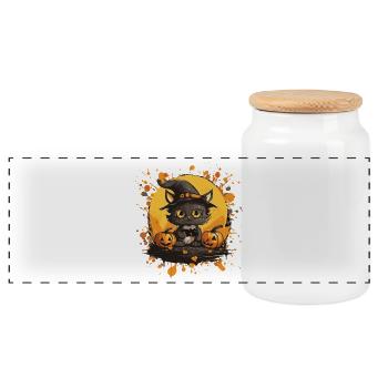 Halloween Katze mit Kürbis - Panorama Keksdose mit Holzdeckel - Weiß - Vorne