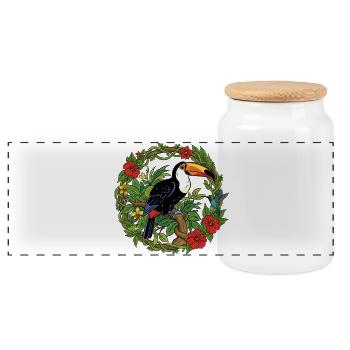 Tropical Toukan in the Flower Circle - Panoramic Cookie Jar with Wooden Lid - white - Front